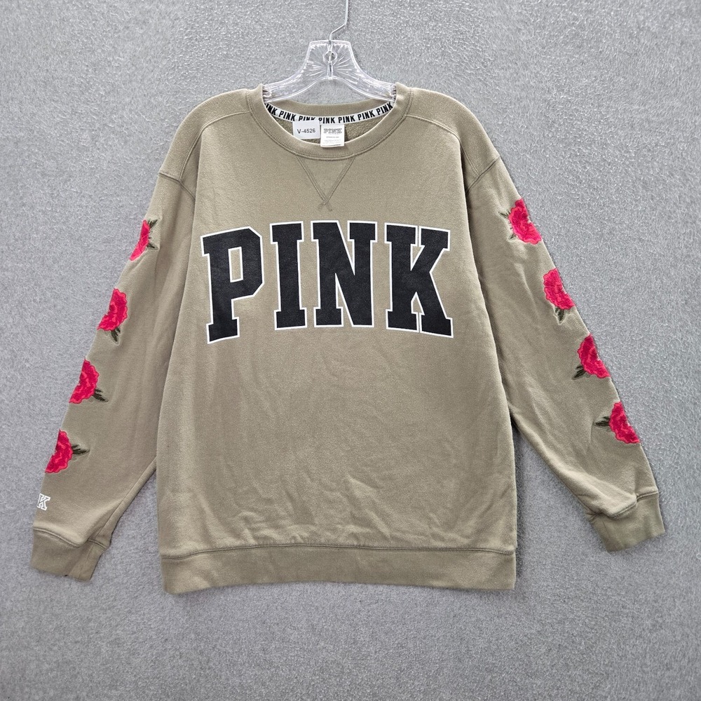Pink Victorias Secret Women Sweatshirt Small Green Logo Roses Embroidered